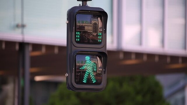 Pedestrian Traffic Light with Red and Green Signs in Tokyo, Japan. Fast View