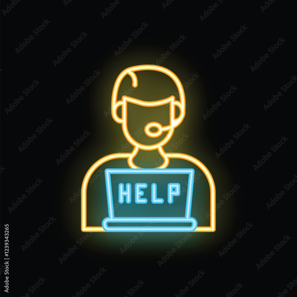 Poster neon icon of a customer service representative with headset using laptop and displaying a help messa