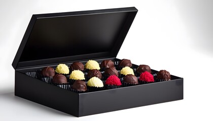 Assorted Chocolates in a Black Box on a Light Background