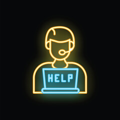 Neon icon of a customer service representative with headset using laptop and displaying a help message on the screen