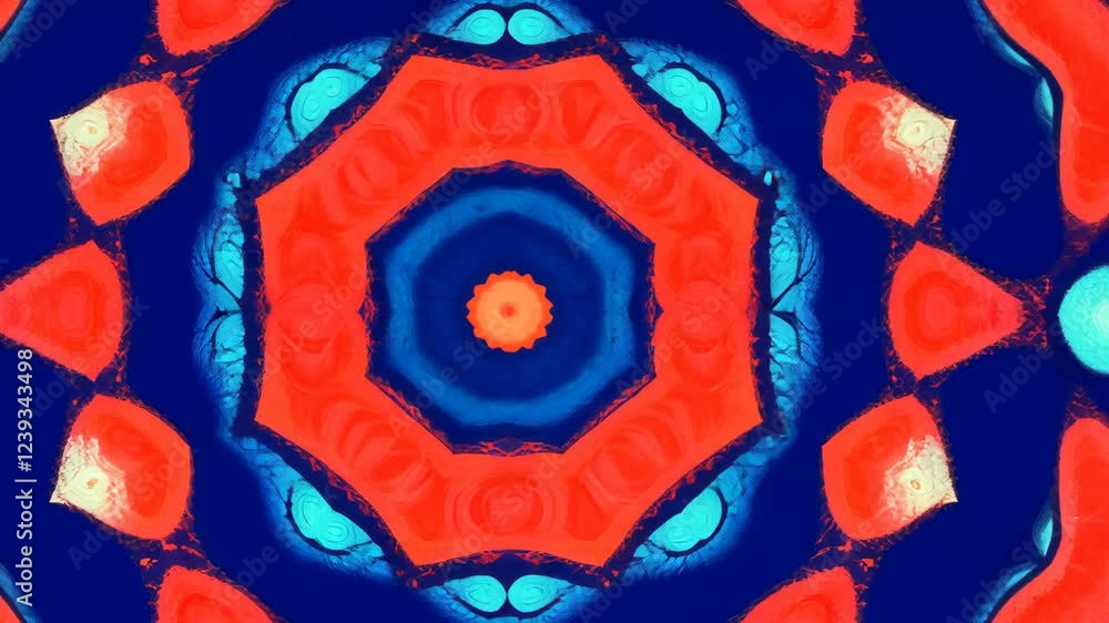 Poster vibrant abstract design showcasing shades of blue and red with intricate circular patterns and symme