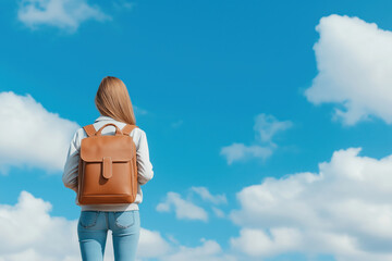 Woman with brown backpack gazes at blue sky with fluffy clouds on sunny day
