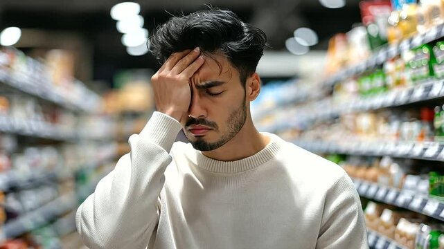 Frustrated Shopper at Checkout Realizing Extra Charges