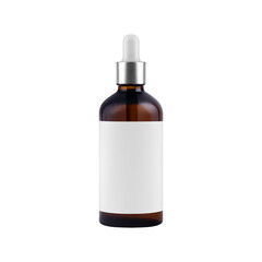 Amber dropper bottle mockup with a blank label and silver cap, ideal for showcasing essential oils, serums, or skincare products. Elegant, minimalist design isolated on white