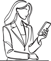 Businesswoman with Smartphone Line Art Vector - Minimalist Style