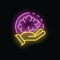 Hand holding a brightly glowing neon brain, symbolizing the power of ideas and creativity