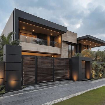 Beautiful 
 modern house main gate for  house protection. ai