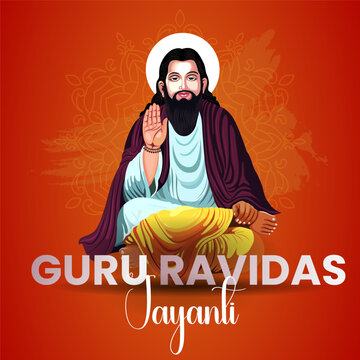 A Guru Ravidas Jayanti greeting card or poster featuring a portrait of Guru Ravidas and his name in Gurmukhi script It commemorates his birth anniversary revered by the Chamar community The design