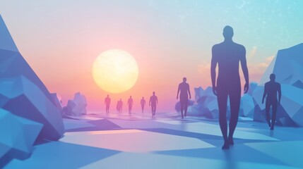 Fototapeta premium Silhouettes on a Colorful Geometric Path at Sunrise