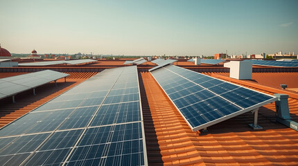Solar panels are neatly installed on residential rooftops, showcasing a sleek and modern aesthetic.