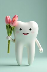 Figurines of a smiling tooth with tulips. International Women's Day at the dental clinic. March 8th. A festive medical concept.