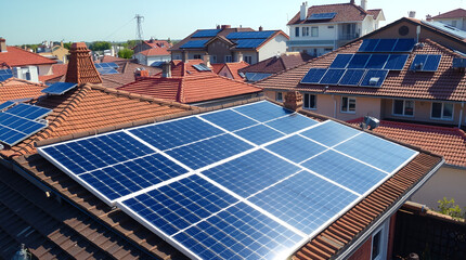 Solar panels are arrayed on diverse house and building rooftops, showcasing clean energy under bright sunlight.