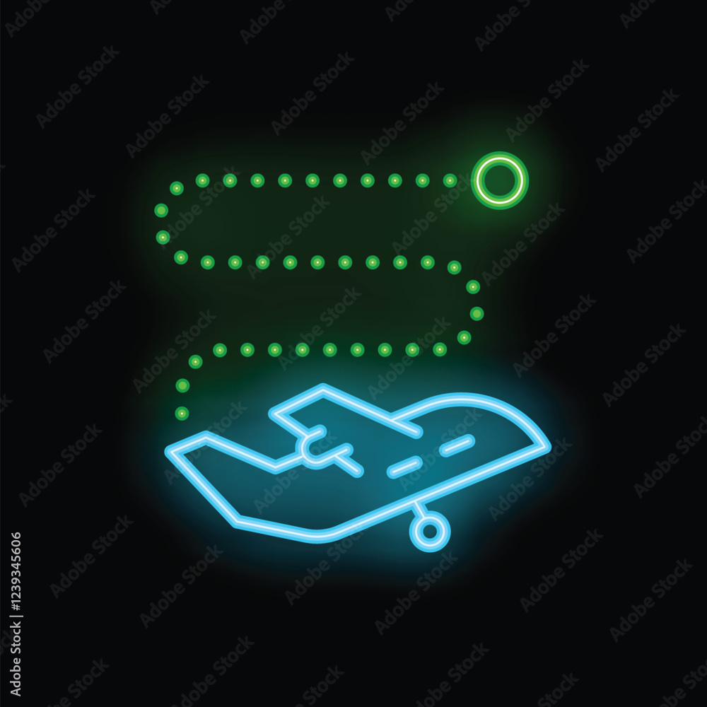 Poster glowing neon airplane icon showing flight path with way points on a black background
