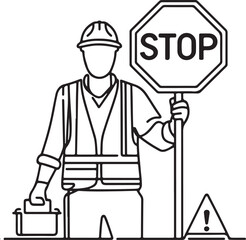 Road Worker Stop Sign Vector in Simple Line Art