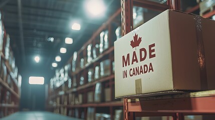 Packages stored in a warehouse displaying made in Canada labels and organized shelving