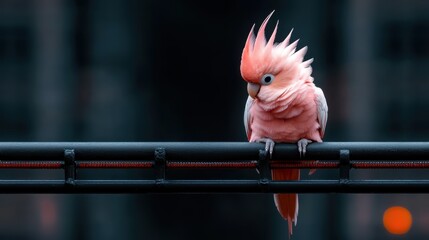 The image features a vibrant pink cockatoo with striking plumage showing an exploration of urban life, contrasting nature with an intricate cityscape backdrop.