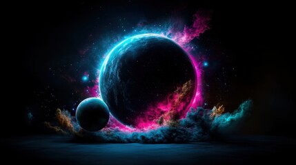 A large planet is encircled by a vibrant nebula as a smaller orb accompanies it, creating an ethereal cosmic scene of mystery and universal intrigue.