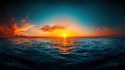 An expansive view of the ocean at sunset, featuring dazzling colors as the sun meets the horizon, and waves reflect the last light of the day in a dramatic scene.