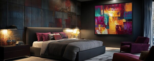 A modern bedroom design featuring abstract art on the walls, set against a backdrop of dark charcoal walls