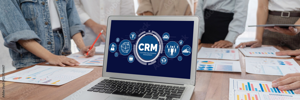 Poster customer relationship management system on brisk computer for crm business and enterprise