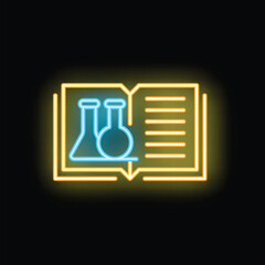 Neon icon of an open book featuring beakers, symbolizing the pursuit of chemistry knowledge