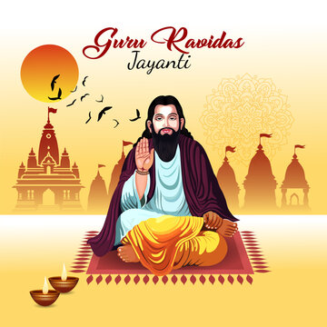  A Guru Ravidas Jayanti greeting card or poster featuring a portrait of Guru Ravidas with his name in Gurmukhi script It highlights his birth anniversary revered by the Chamar community