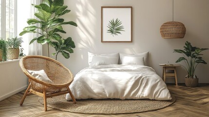 Sunny bedroom, rattan chair, plants, calm vibe, interior design