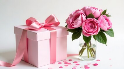 Pink gift box next to bouquet of peonies on white background