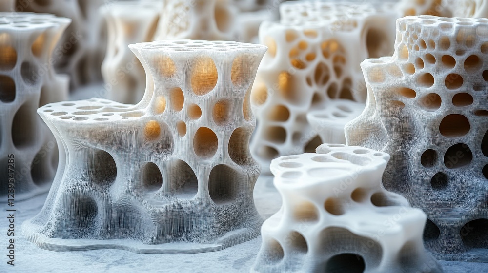 Poster intricate 3d-printed sculptures displaying unique organic forms in a bright studio environment