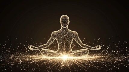 Obraz premium Illuminated Figure in Meditation Pose Amidst Sparkling Particles on Dark Background