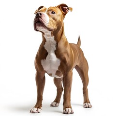 Studio-shot Pitbull attentively looking up, white background