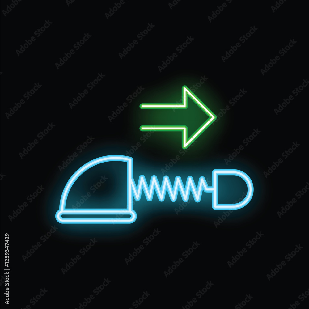 Poster neon sign illustrating a compression spring expanding with an arrow pointing right on black backgrou