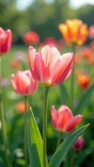 Fototapeta premium Tulips in a field in soft sunlight in summer
