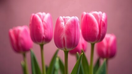 Fototapeta premium Bright bouquet of pink tulips on a soft pink background, International Women's Day,