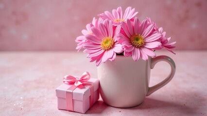 Pink daisies in a white mug vase next to a small gift box tied with a pink ribbon on a pink background. Perfect for spring, holidays and floral designs.