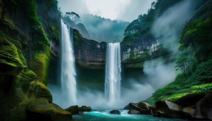 Fototapeta premium Majestic waterfall surrounded by lush greenery during a misty morning