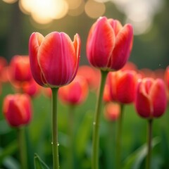 Red tulips in a field in soft sunlight in spring, summer