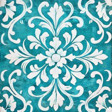 retro floral ornament on grunge blue background with copyspace