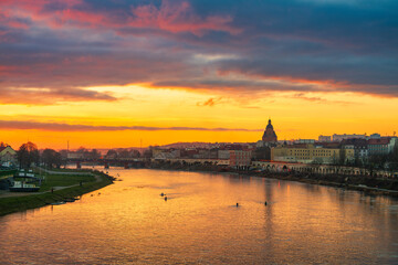 Naklejka premium Gorzow Wielkopolski city skyline overlooking St. Mary's church tower at sunset. Poland