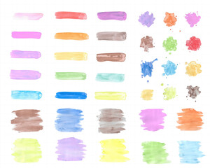 Watercolor paint stains and brush strokes set on transparent background, artistic abstract design elements for digital and print media.