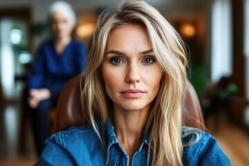 Obraz premium Young caucasian female with mature female in background, cozy interior setting