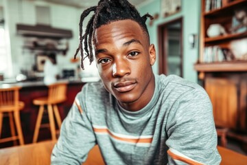 Fototapeta premium Young african male in casual attire in a cozy indoor setting