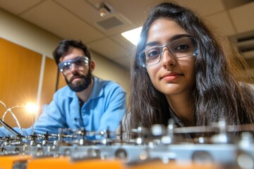 Young caucasian male and asian female engineers working on electronic project in laboratory