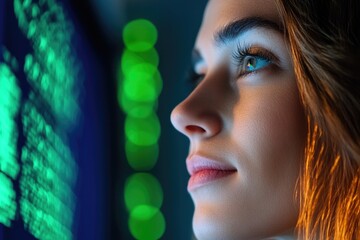 Close-up of young caucasian female coder analyzing data on screen with green reflections