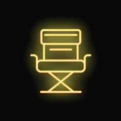 Bright yellow neon icon of a folding chair glowing on a black background