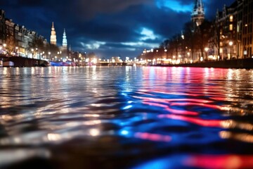 Fototapeta premium City night lights reflecting on calm river with historic buildings