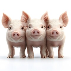Three cute piglets smiling, studio shot, white background, farm animal image