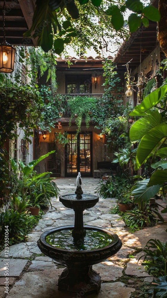 Poster an inviting courtyard filled with vibrant plants surrounds a charming fountain, creating a peaceful 