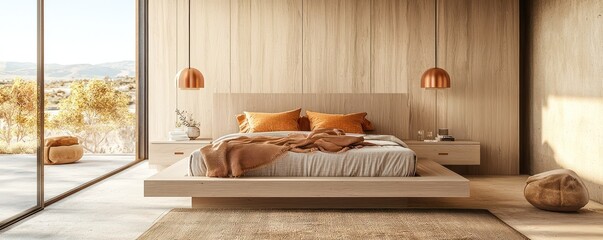A modern bedroom featuring sandy beige wood walls