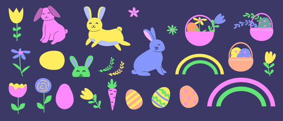 Fototapeta premium Colorful easter designs: rabbits, eggs, and baskets in pastel tones.